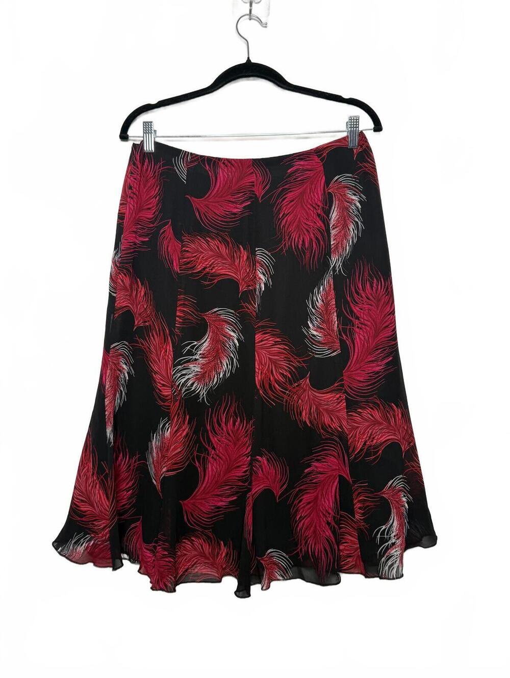Vintage Y2K  Black and Red Feather Print Silk Skirt Size 10